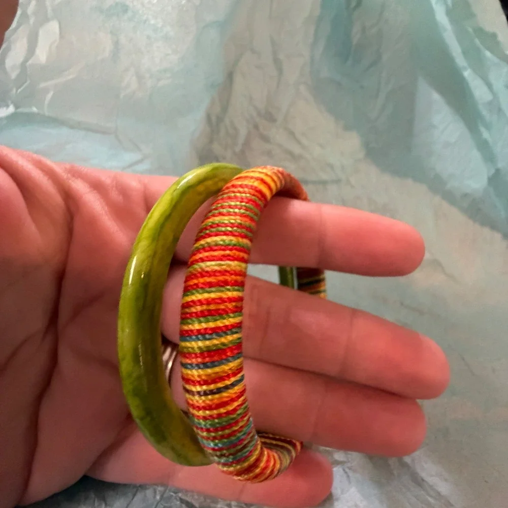 Vintage Boho Bangle Bracelet Set Lime Green Marbled Resin & Rainbow Cord Wrapped